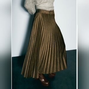 Zara Olive Green Pleated Maxi Skirt